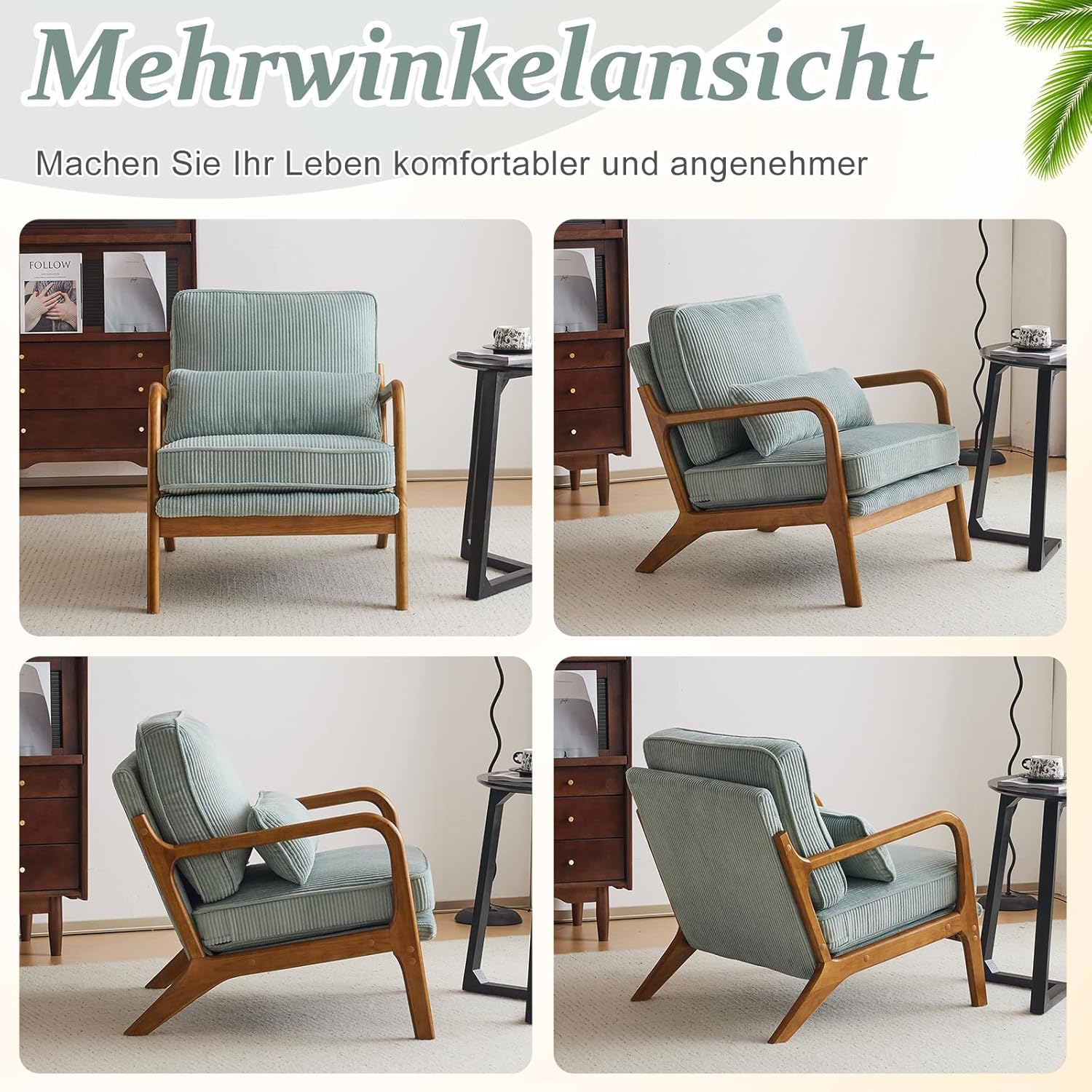Bonnlo Sessel Gepolsterter Cocktailsessel, Moderner loungesessel, Ohrensessel für Wohnzimmer, Polsterstuhl mit Massivholz, Lesesessel, bis 200 kg belastbar, Cord-Stoff (Blau)