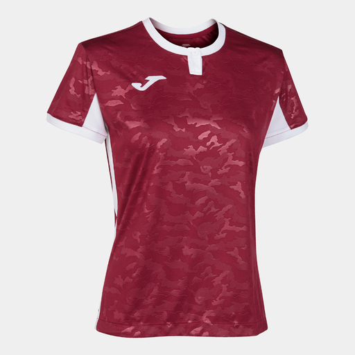 Camiseta Joma Toletum II de manga curta, nas cores bordô e branca.