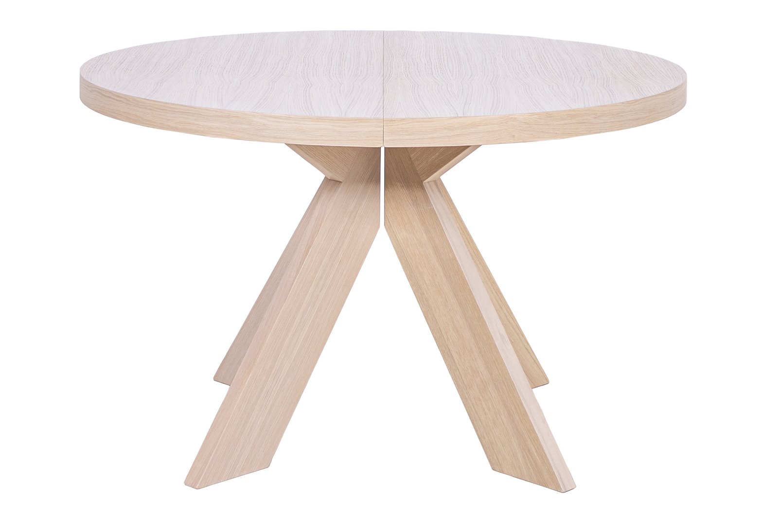 Guest spisebord Ø120 cm. Hvitpigmentert lakkert eikefinér.  Uttrekk med plass til 4 ileggsplate (320 cm).