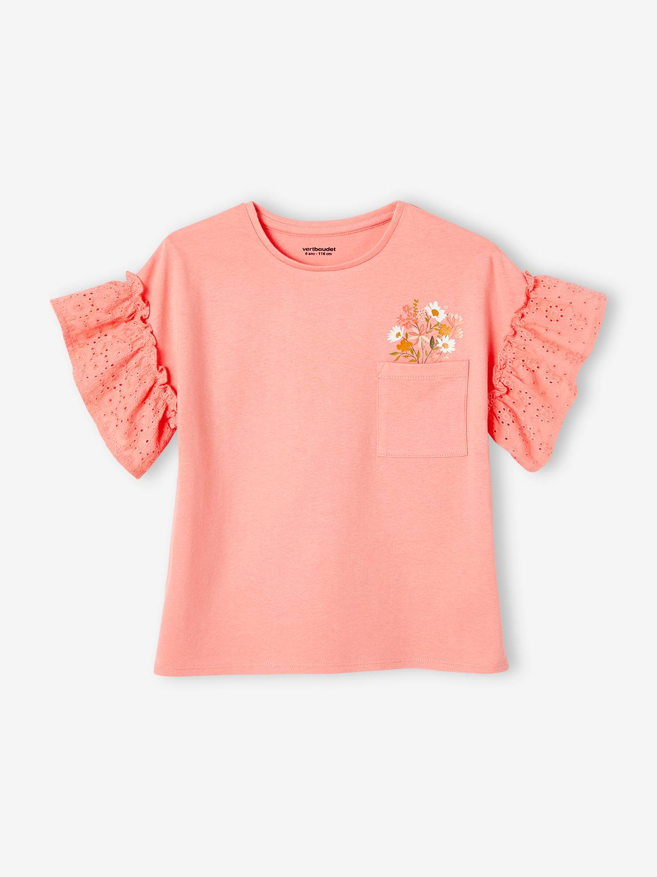 Camiseta off-white com mangas bufantes e bordado inglês para meninas