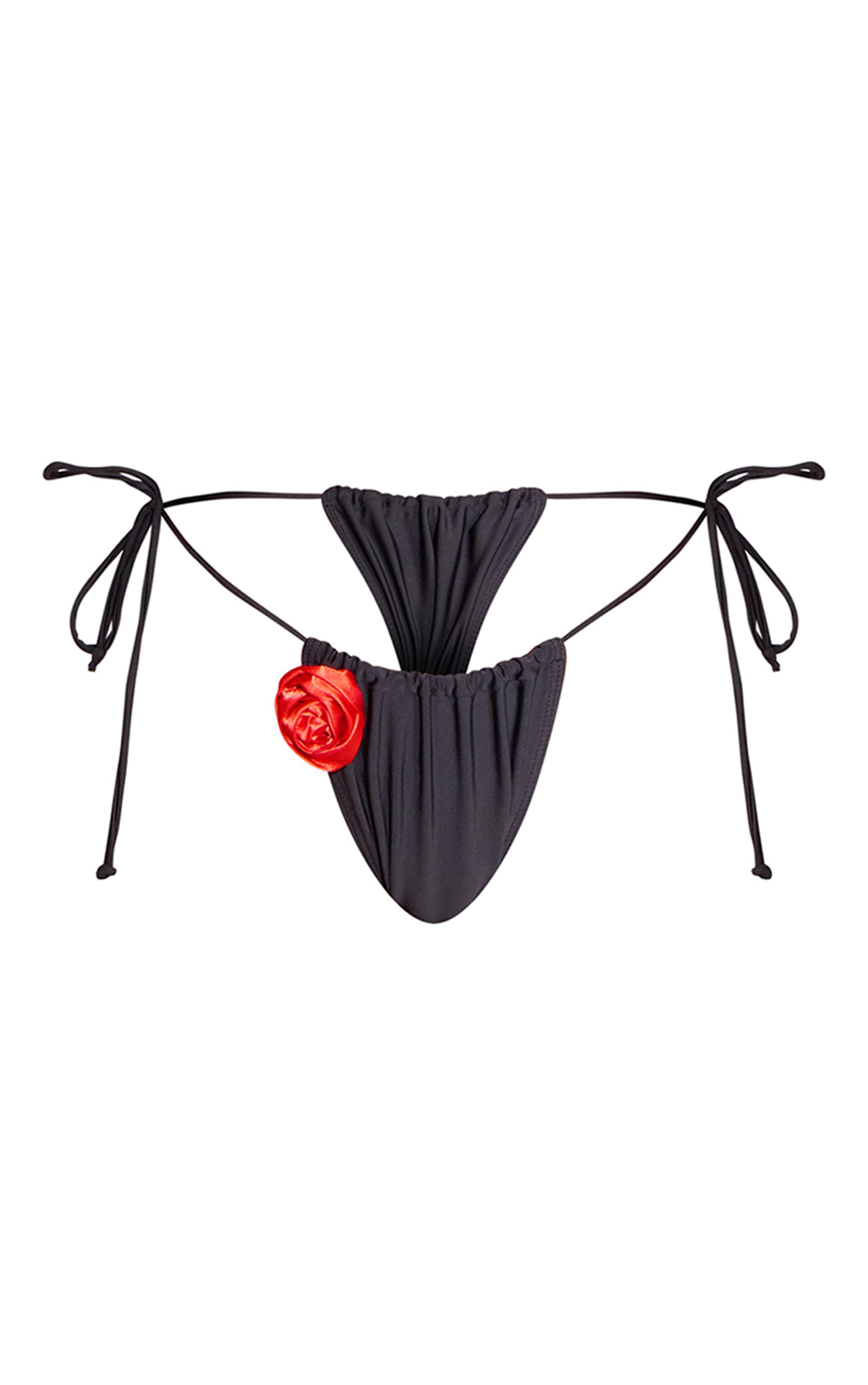 Noir Bas De Bikini À Liens Latéraux Avec Bordure Florale Contrastée