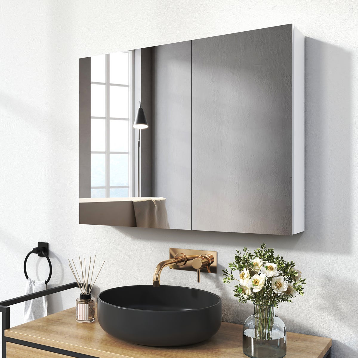 EMKE Spiegelkast, 2-deurs, 85x65 cm, badkamerkast met dubbelzijdige spiegeldeuren, wit
