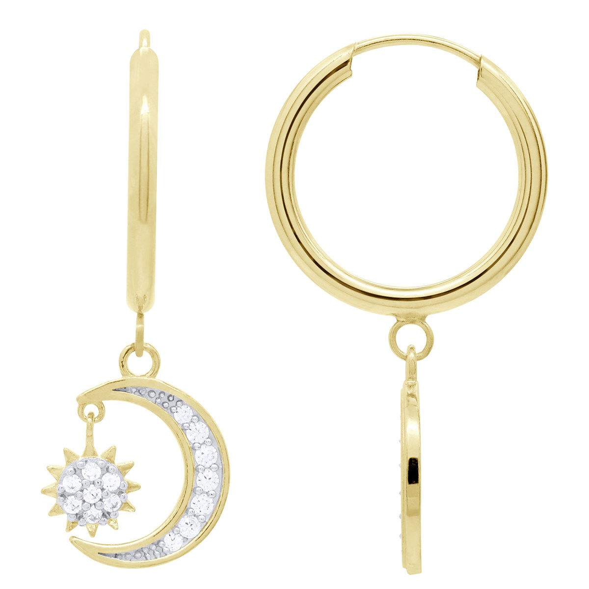 Boucles d'Oreilles Pendantes - Lunes et Étoiles Serties d'Oxydes de Zirconium - Or Jaune