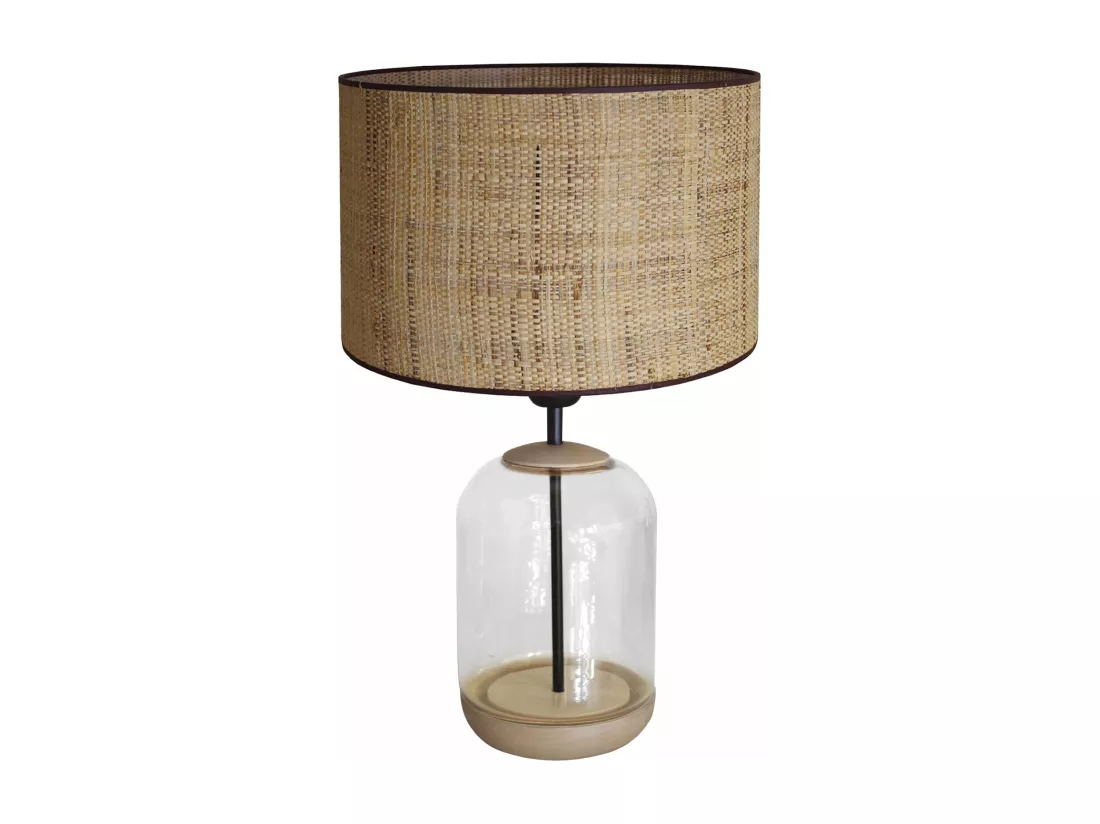 Lampe de chevet cylindre bois,verre,transparent,paille 50 cm.