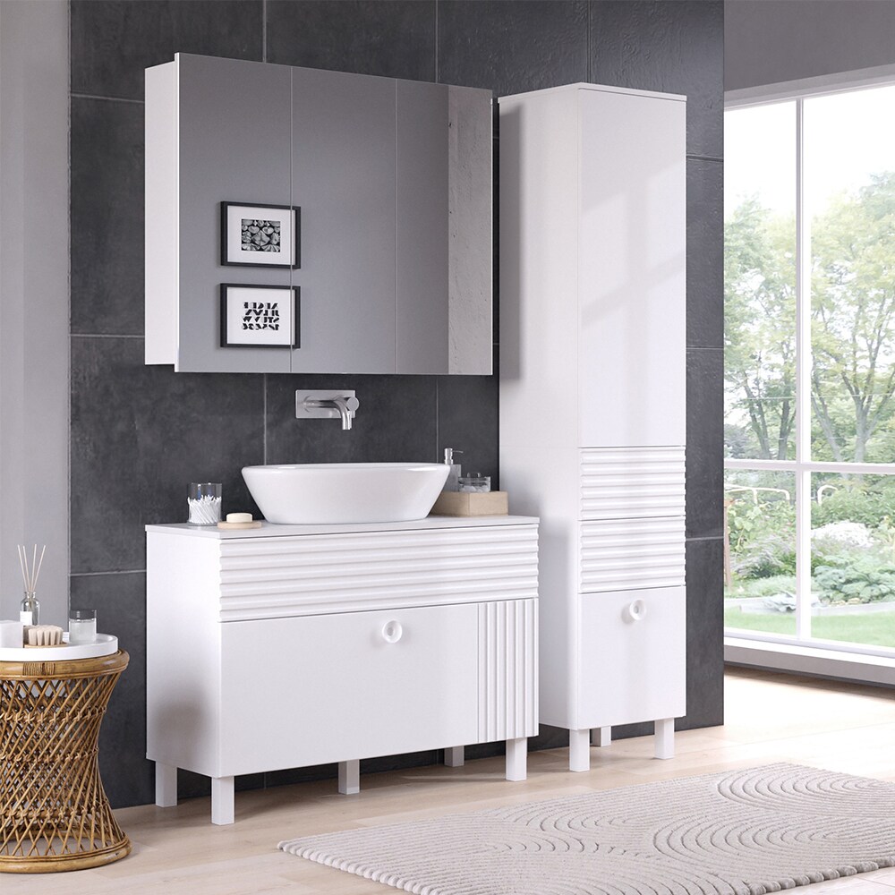Vicco Badmöbel-Set Sola Weiß matt, moderne Serie, Badezimmer, dekorative Front Waschtischunterschrank Spiegelschrank Hochschrank