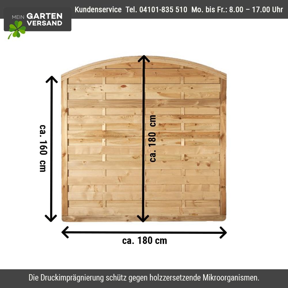 Massiver Gartenzaun Sichtschutz Maß 180 x 180 auf 160 cm (Breite x Höhe) aus Kiefer/Fichte Holz, druckimprägniert mit Bogen 'Bremen Massiv Bogen'