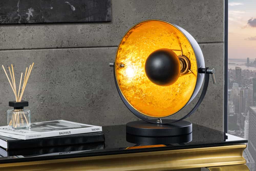 Industrial Design Tischlampe STUDIO 40cm schwarz Blattgold-Optik neigbarer Schirm