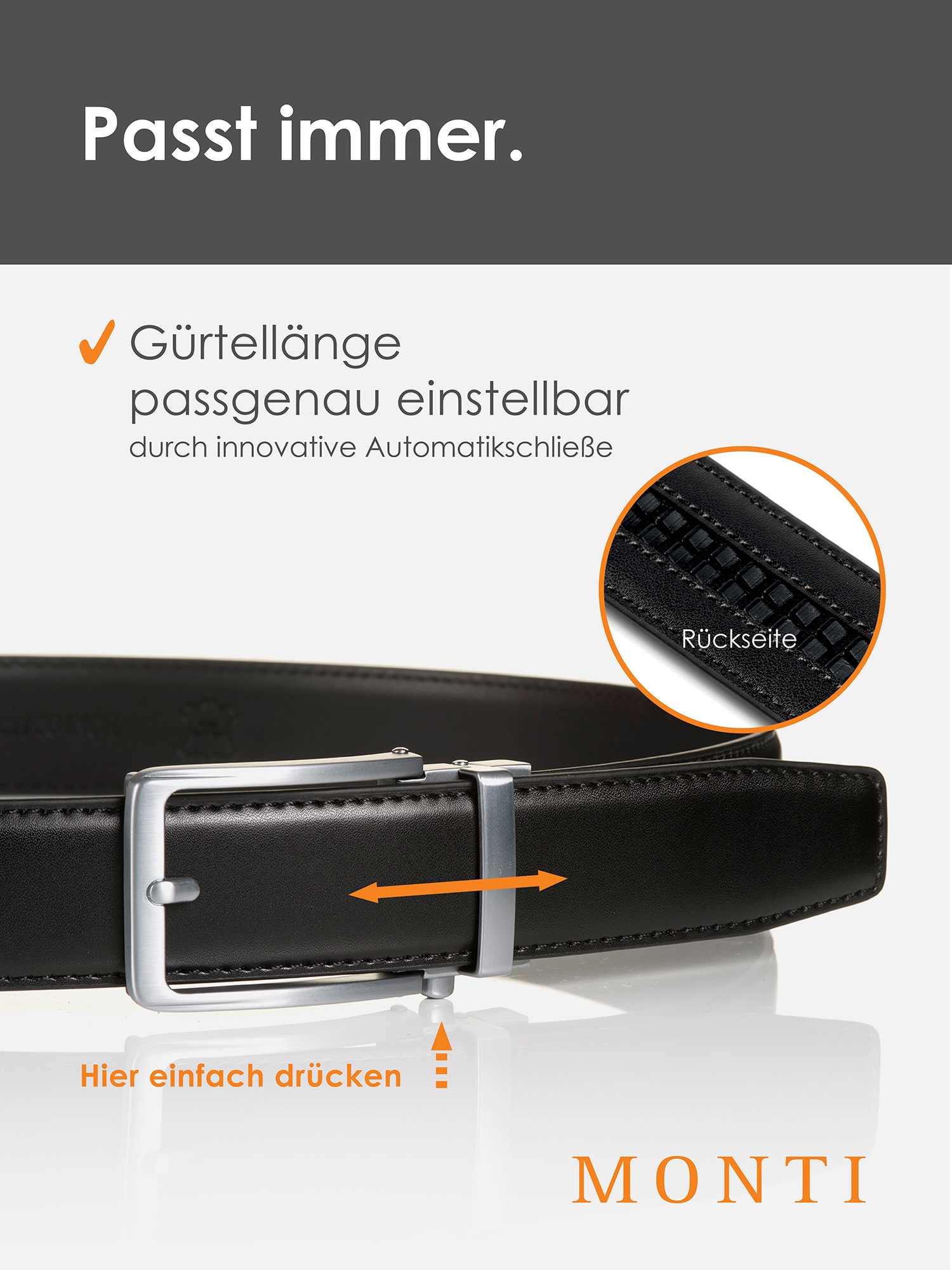 MONTI Ledergürtel 3,5 cm breit, Klassisch-Business, Automatikschliesse - Passt immer