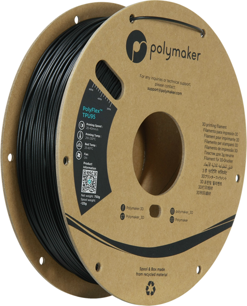 Polymaker  PolyFlex TPU95 Schwarz, 1,75 mm (750 g)    Schwarzes flexibles Filament einfach zu verarbeiten