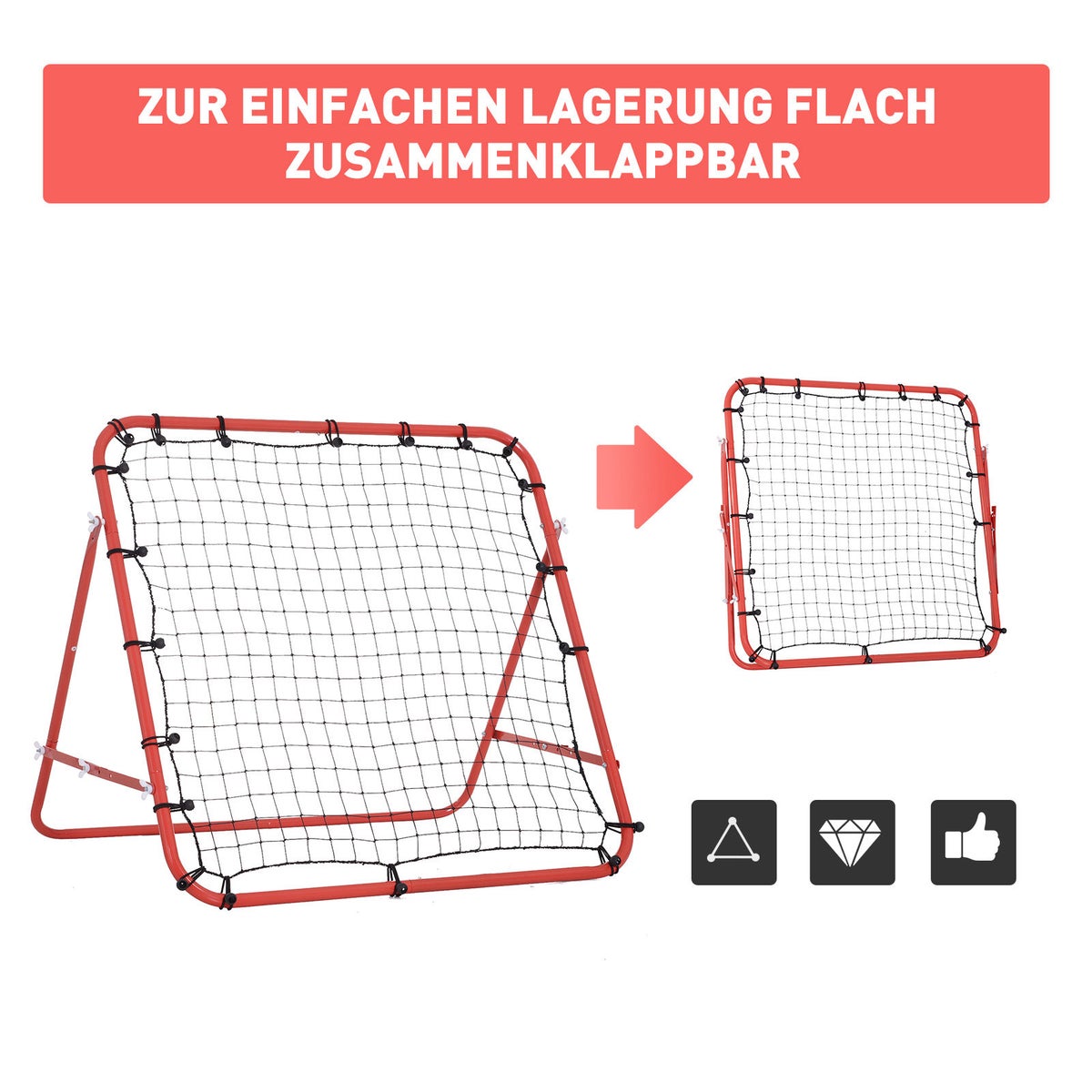 HOMCOM Voetbalrebounder, Kickbackdoel, Verstelbare hoek, 96 x 80 x 96 cm, Metalen buis, PE-stof, Rood + Zwart