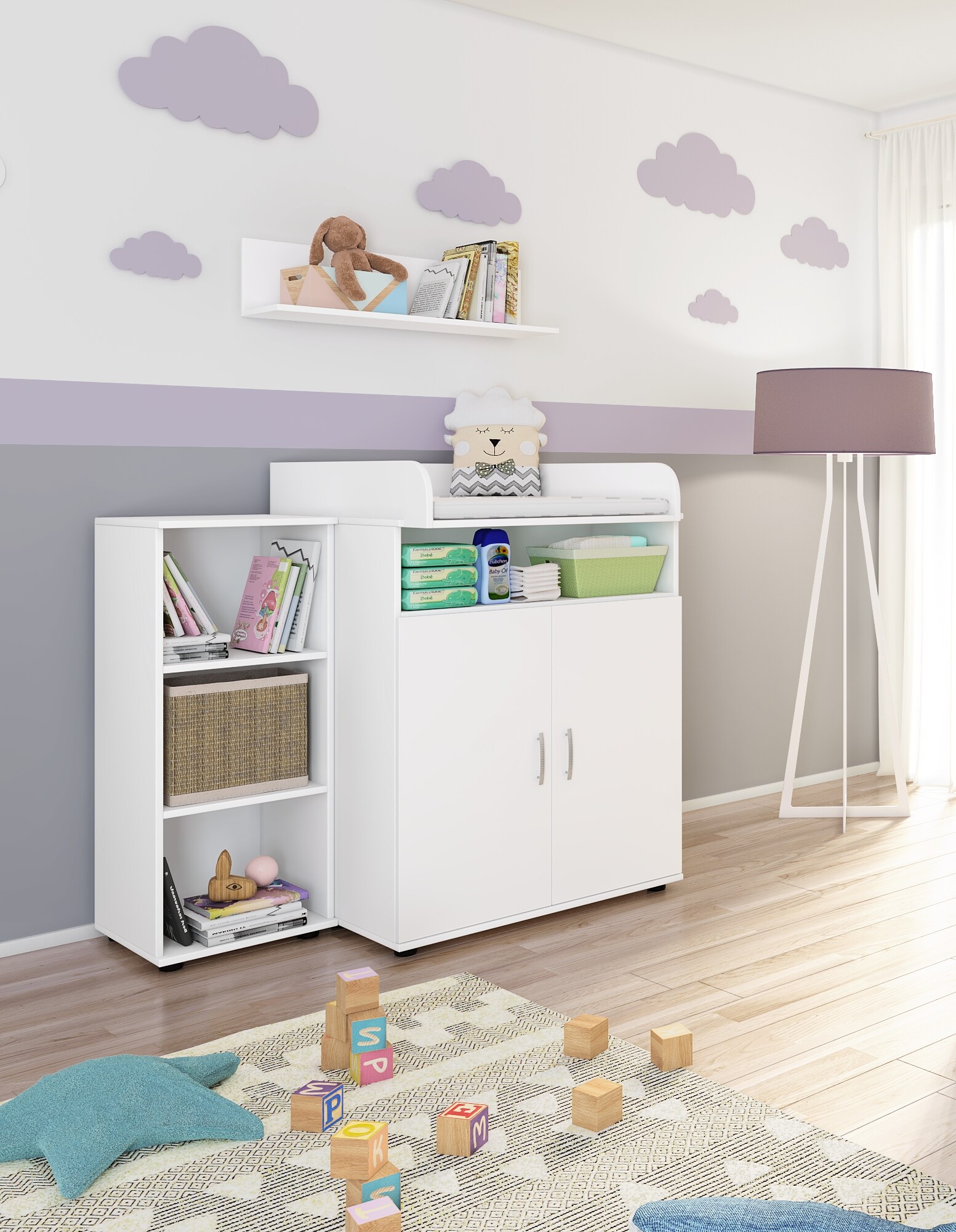 nonjoo. Babyzimmer Lunis Set 4: best. aus Babybett, Kommode, Wickelaufsatz, Wandboard, Regal mit 3 Fächern und Kleiderschrank 2-trg.