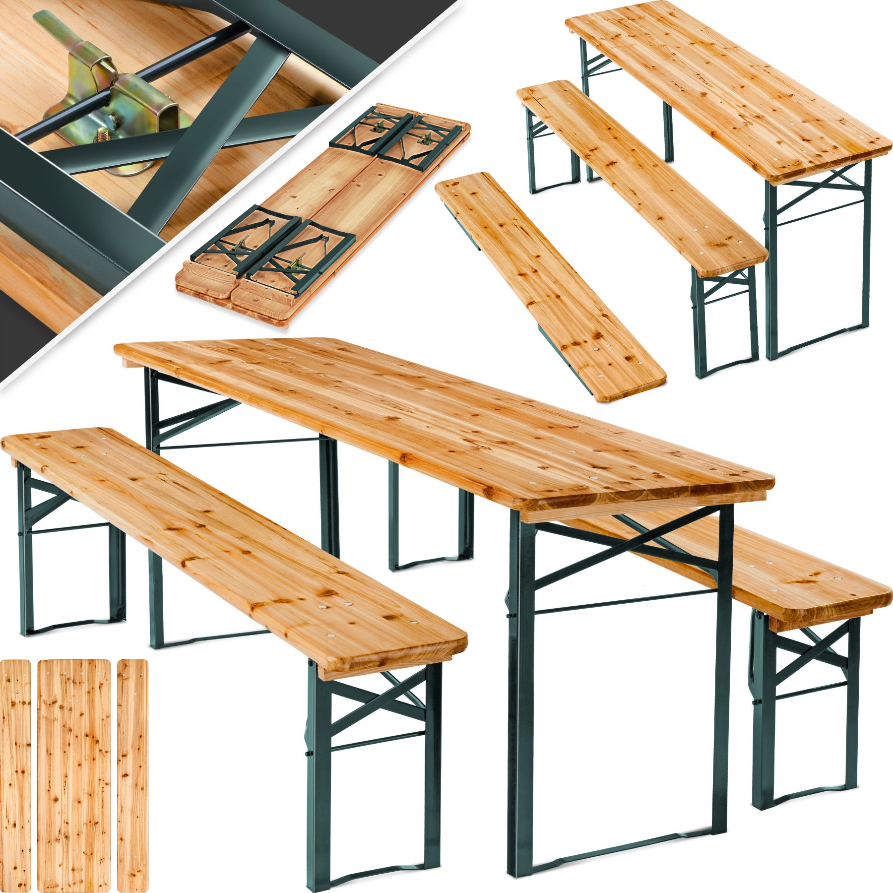 tectake® Bierzeltgarnitur, 3-teilig, belastbar, Holzlackierung mit Klarlack