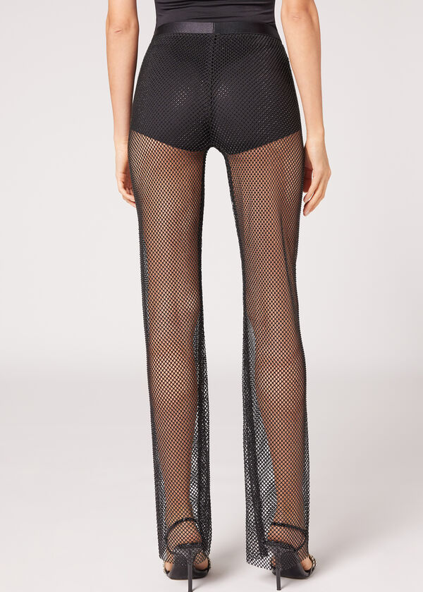 Calças legging de rede com strass brilhantes