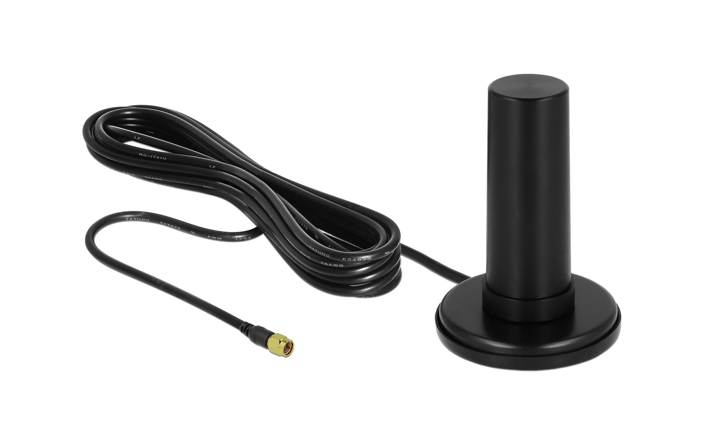 LTE-Antenne 5G/4G/3G support SMA 3 dBi RundstrahlDelock 5G LTE Antenne SMA Stecker 0 - 3 dBi starr omnidirektional mit magnetischem Standfuss und Anschlusskabel RF195 3 m outdoor schwarz