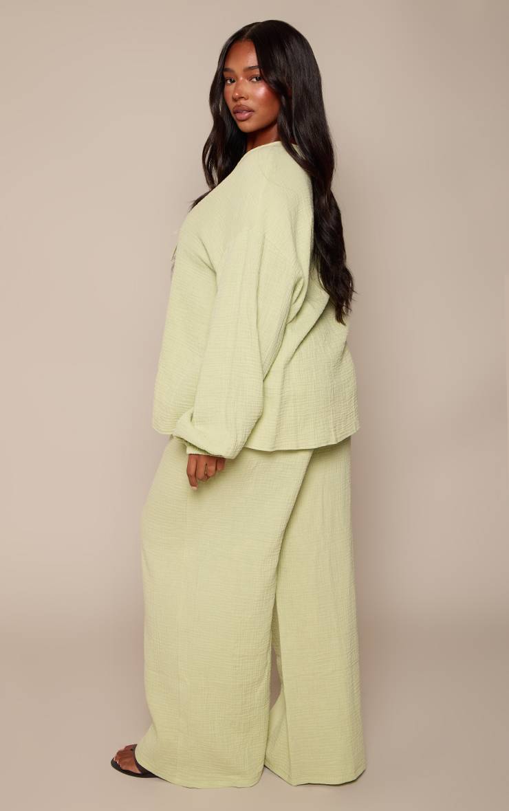 Vert Sauge Pantalon Large En Gaze Texturée Grande Taille Ensemble Coordonné