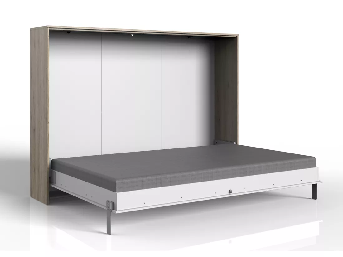Lit escamotable horizontal coloris blanc/imitation chêne - L. 212 x H. 154 x P. 43-167 cm