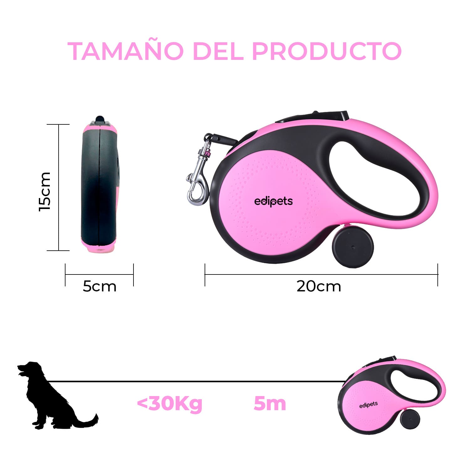 Guia extensível Edipets com sistema de freio, rosa, para cães.