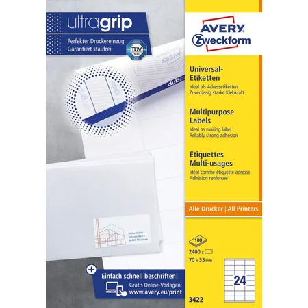 Avery Zweckform 3422 Universal-Etiketten,A4 mit ultragrip,Adressaufkleber 70 x 35 mm, 100 Bogen/2.400 Etiketten, weiß