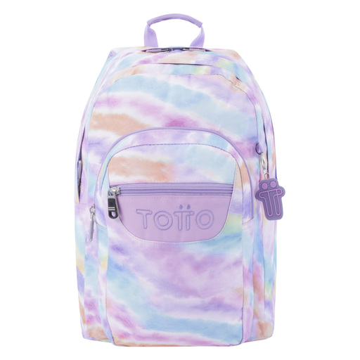 Mochila escolar Totto com estampa pastel e lápis inclusos.