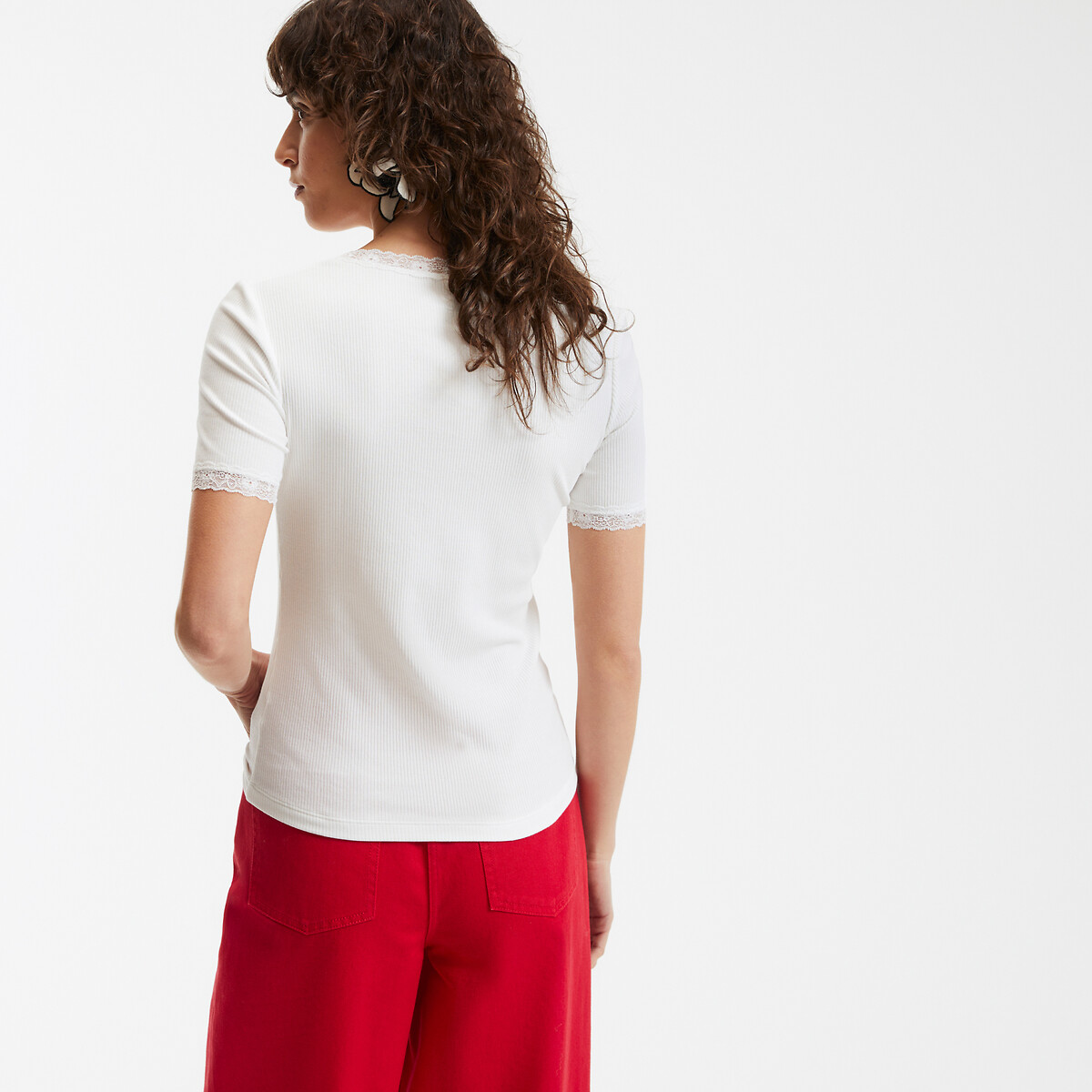 COLEÇÃO LA REDOUTE<br>Camiseta com gola redonda e detalhe em renda, mangas curtas