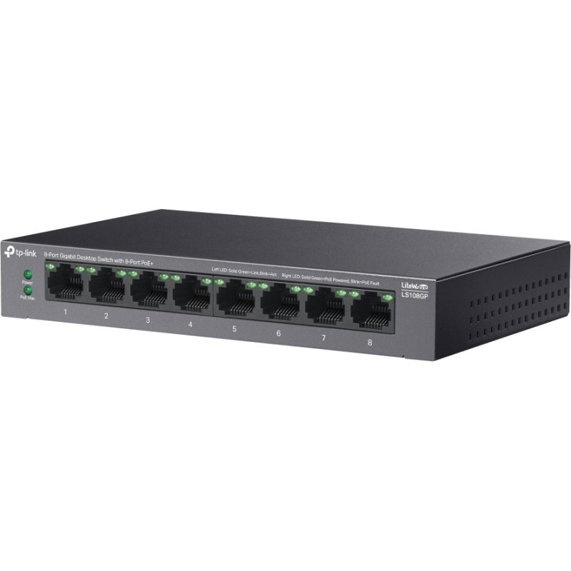 TP-Link LiteWave LS108GP commutateur réseau Non-géré Gigabit Ethernet (10/100/1000) Connexion Ethernet, supportant l'alimentation via ce port (PoE) Noir