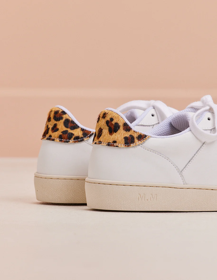Baskets basses Marie - Cuir blanc et pony léopard
