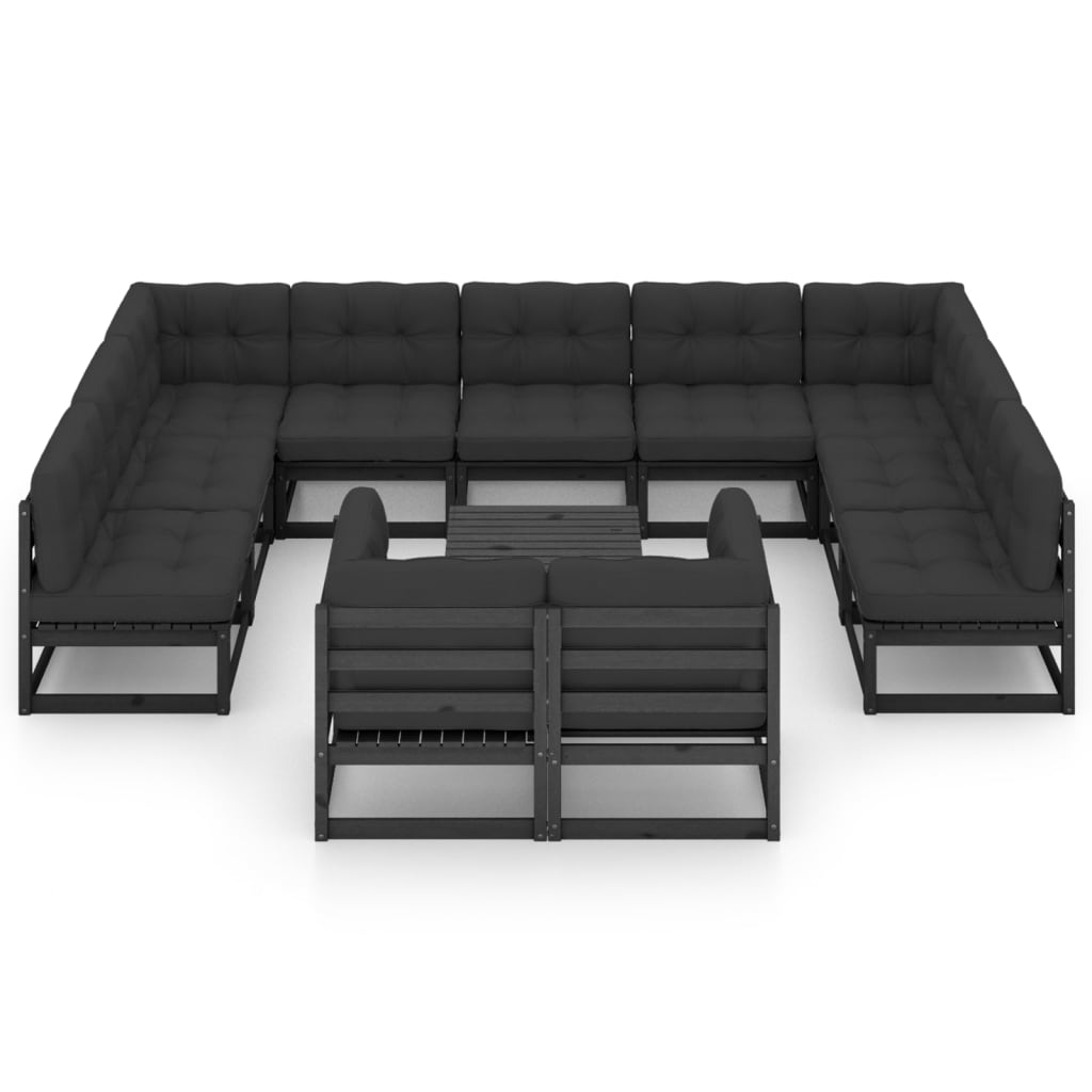 Salon de jardin meuble d'extérieur ensemble de mobilier 12 pièces avec coussins noir bois de pin massif