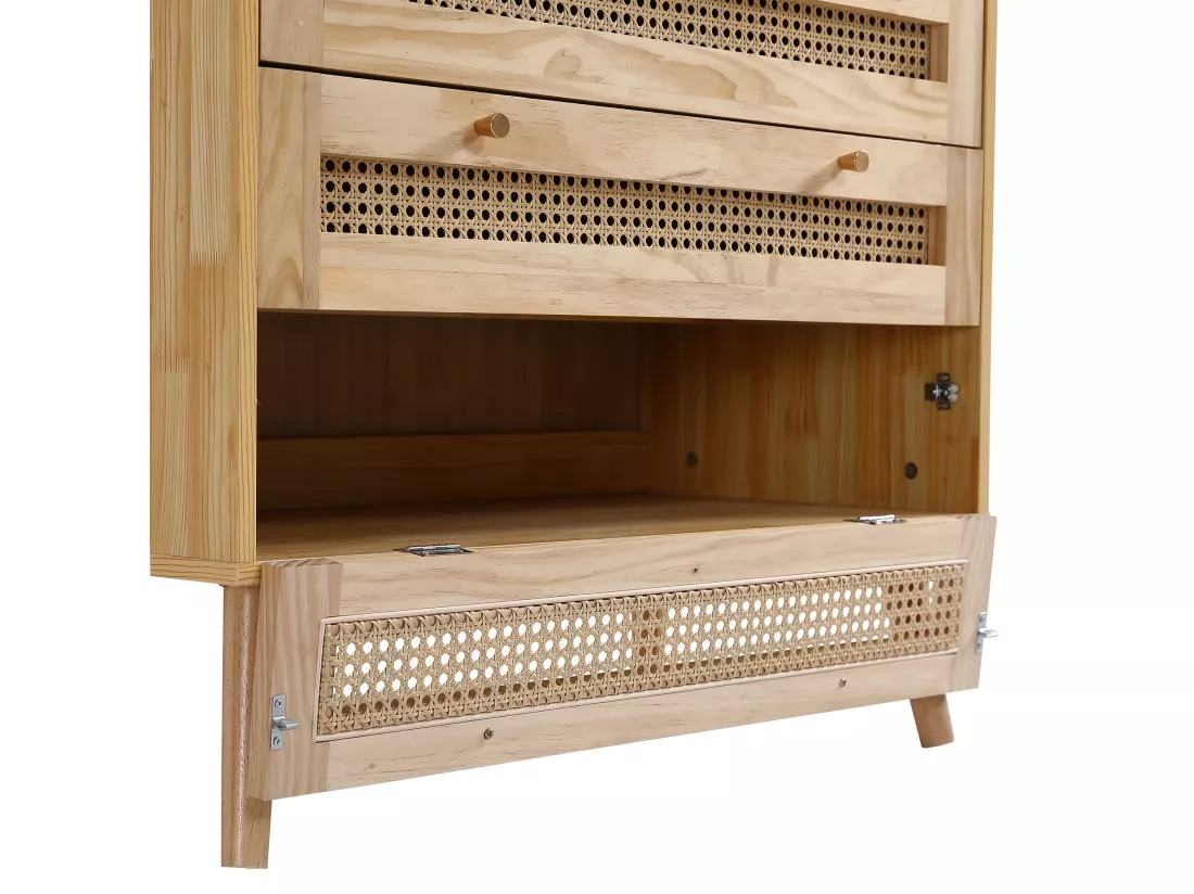 Commode avec 3 tiroirs et 1 compartiment abattant - en bois et rotin - Naturel