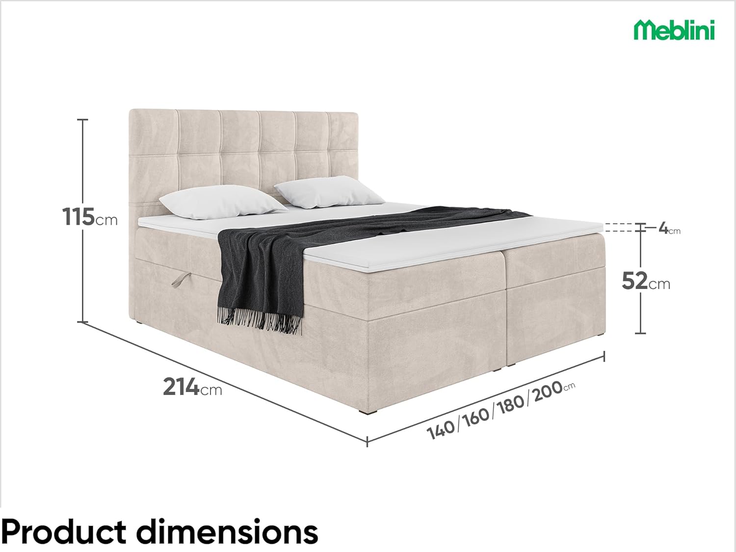 MEBLINI Boxspringbett mit Bettkasten - Gepolstert Doppelbett mit Matratze und Topper - Polsterbett mit Stauraum - Bett mit Kopfteil - Kai - 140x200 - H3/Beige Samt