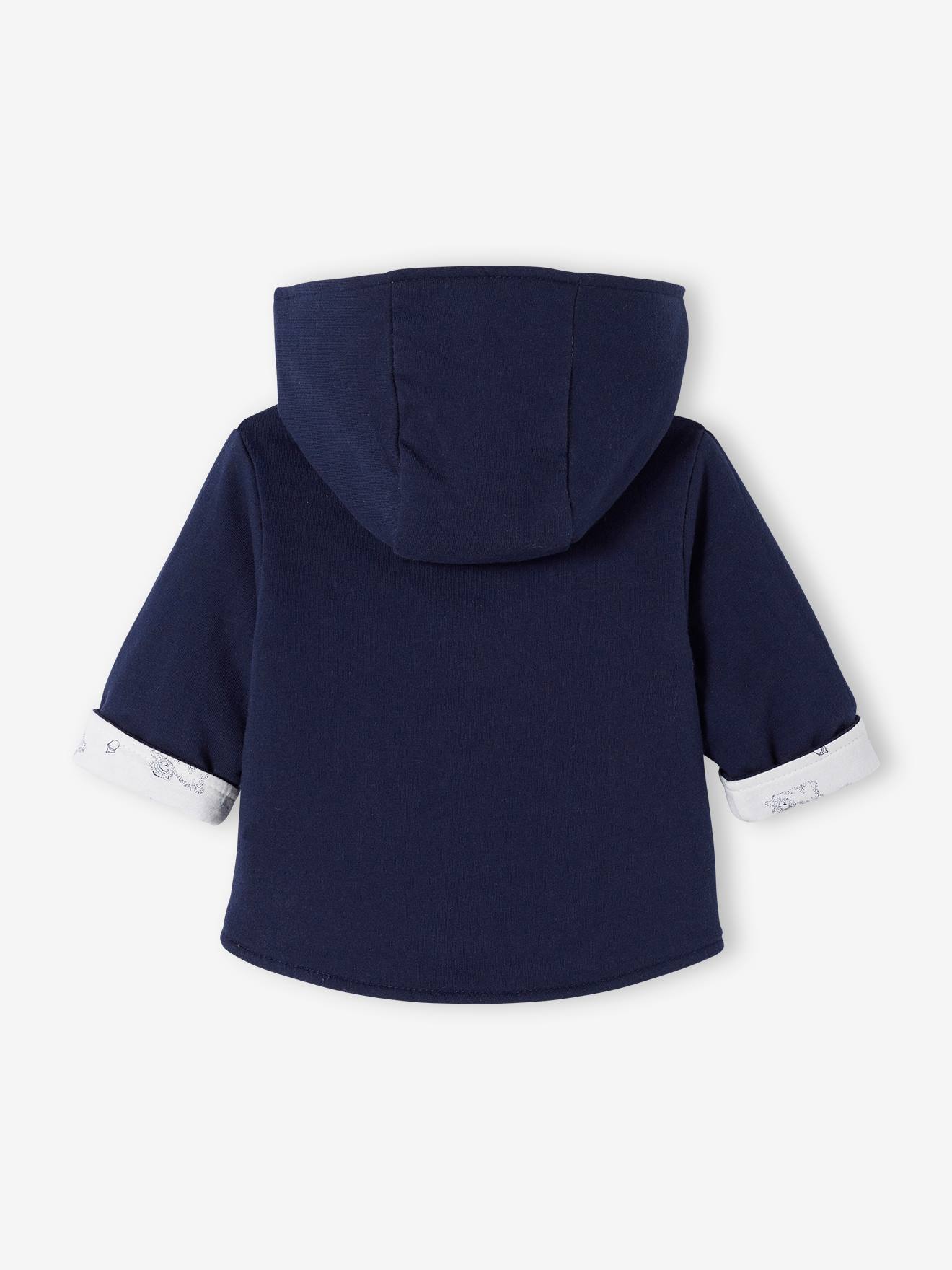 Jaqueta reversível com capuz para bebê, branca lisa com estampas.