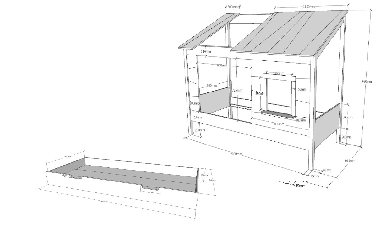 Baumhaus Bett 90 x 200 cm Liegefläche und Bettschublade offenes Dach Weiß lackiert