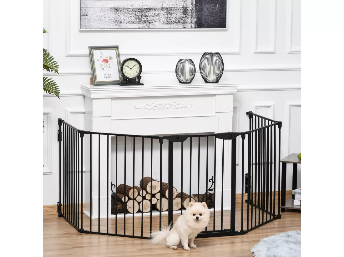 Barrière de sécurité parc enclos chien modulable pliable porte verrouillable intégrée 5 panneaux en métal 300L max. x 74,5H cm métal PP noir