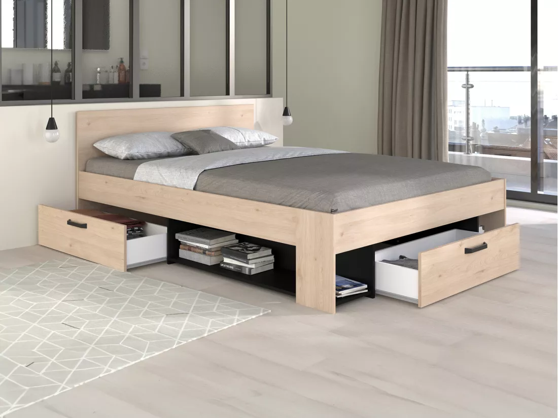 Lit 140 x 190/200 cm avec rangements - Coloris : Naturel et noir + Sommier - KINSELIA