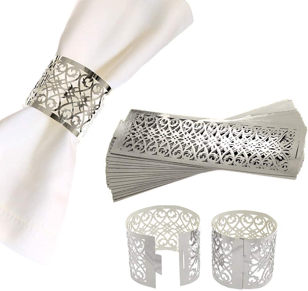 (50er Set) Ø5cm Papier Serviettenring Tischdeko Faltbare Tuchhalterung Ornament - Silber