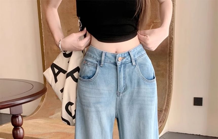 Wisjam - High Rise Washed Cropped Wide Leg Jeans