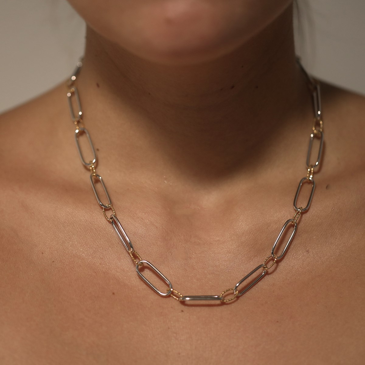Collier Argent Grosse Maille Et Lisse Et Diamanté
