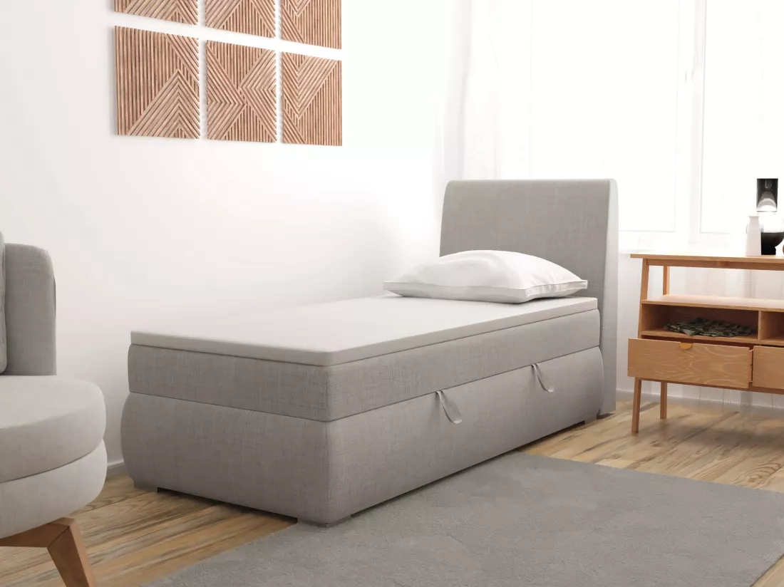 LIT BOXSPRING avec coffre de rangement Buffalo Mini côté droit 100x200 cm, Lux 05 (Gris clair)