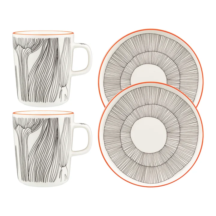 Marimekko - Oiva Kukat Puhkeavat Frühstücksset, weiss / schwarz / orange (4tlg.)