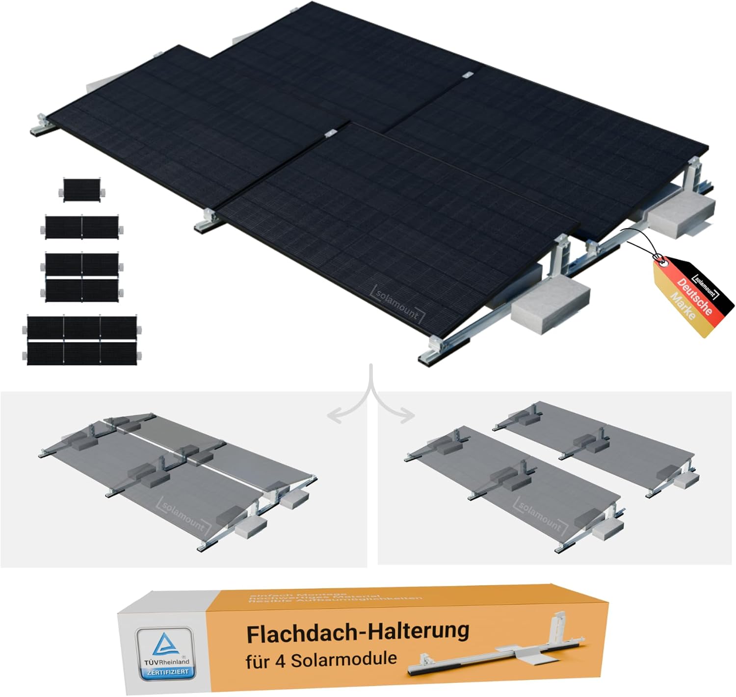 PV Flachdach Halterung ohne Bohren | Für 4 Module | Silber | Flachdach oder Bodenmontage | Einfache Montage