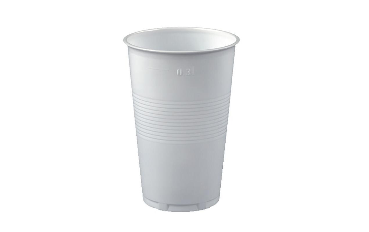 Einwegbecher 300 ml 100 Stück, WeissWeisser Plastikbecher mit Füllstrich