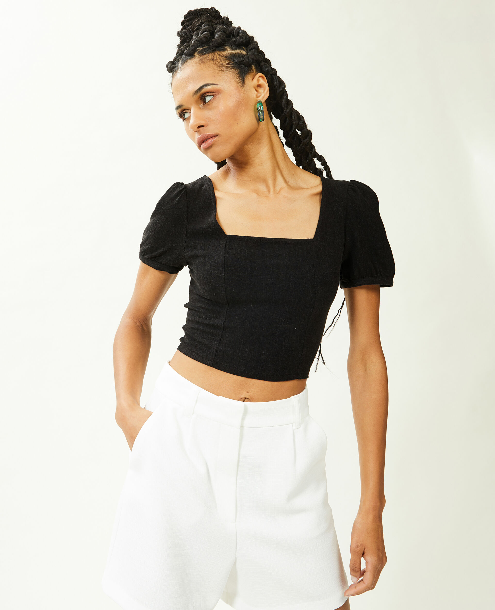 Top encolure carrée avec laçage dos - Noir