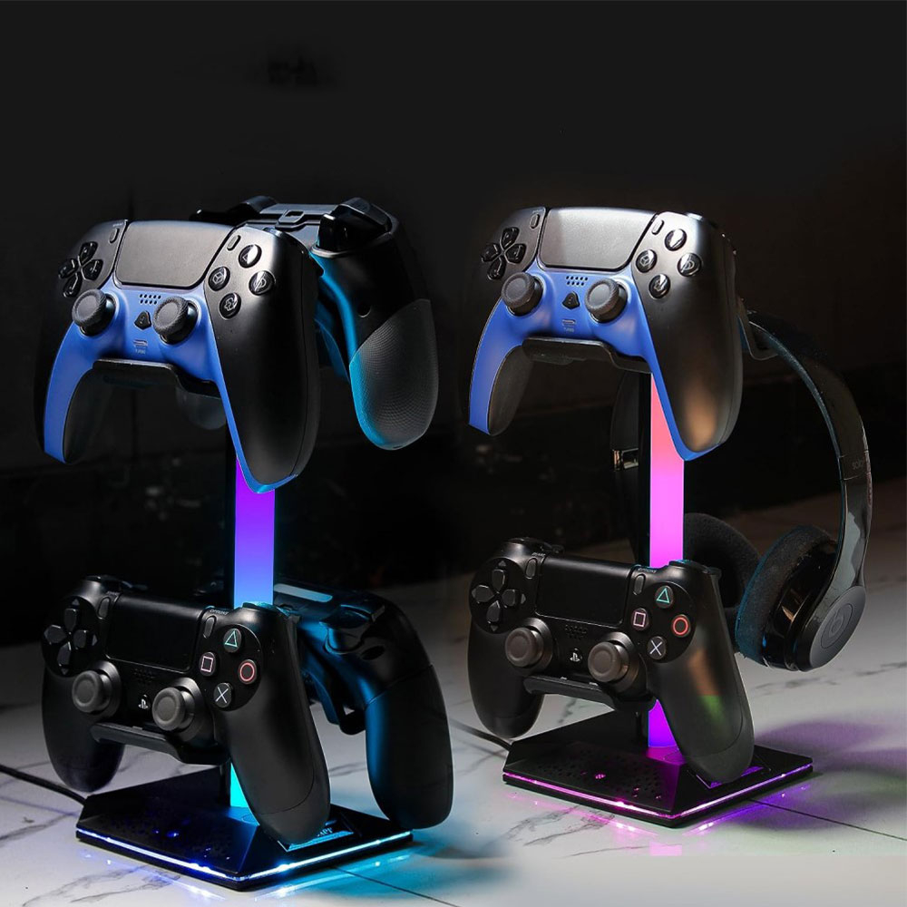 Gaming Kopfhörer und Controller Halterung Ständer mit USB C / 2x USB A Anschluss   RGB Beleuchtung - Schwarz