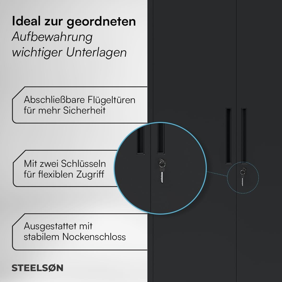 STEELSØN Regulus Metallschrank abschließbar – Garderobenschrank mit 6 Fächern und 1 Kleiderstange – Spind Schrank mit Doppeltüren – Mehrzweckschrank Schwarz – Kleiderschrank Metall 175x40x80 cm