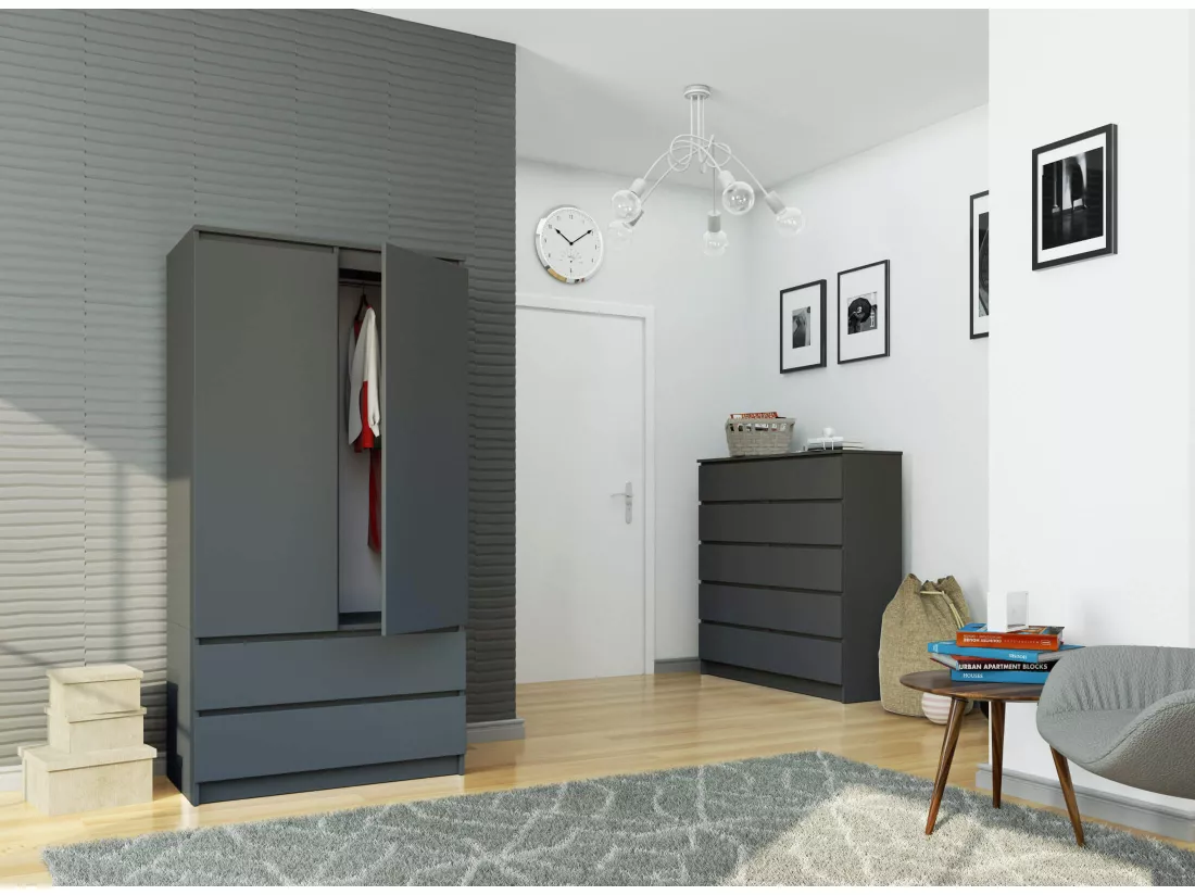 Armoire AKORD S90 Gris Graphite 90 cm 2 portes 2 tiroirs façade Gris Graphite 4 étagères 90x51x180 cm