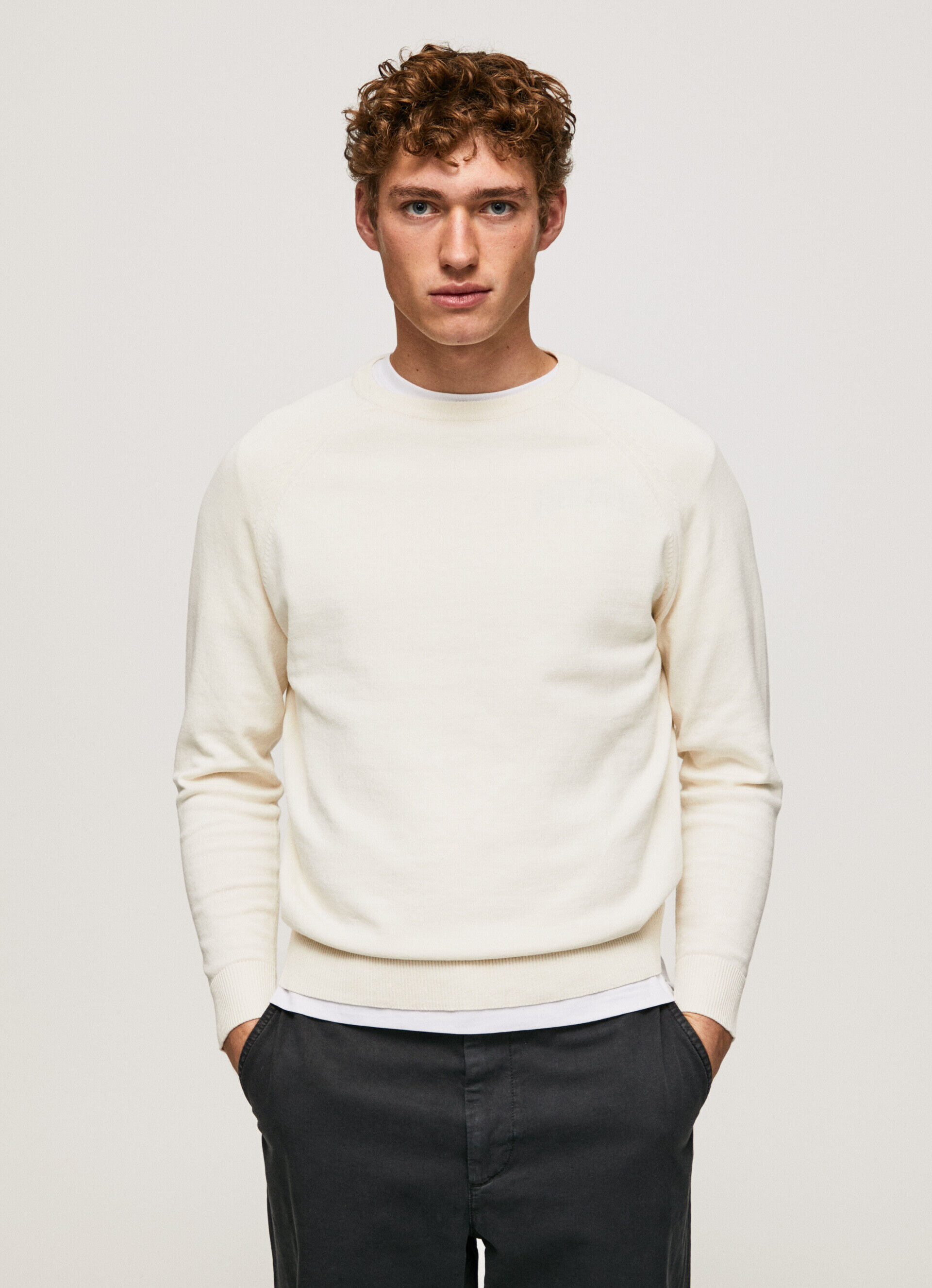 Camisa de malha de algodão com gola redonda - branco marfim