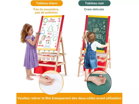 3 en 1 Chevalet pour Enfants en Bois de Pin Tableau Magnétique Double Face Accessoires Complets 52,5 x 51,5 x 106,5 cm