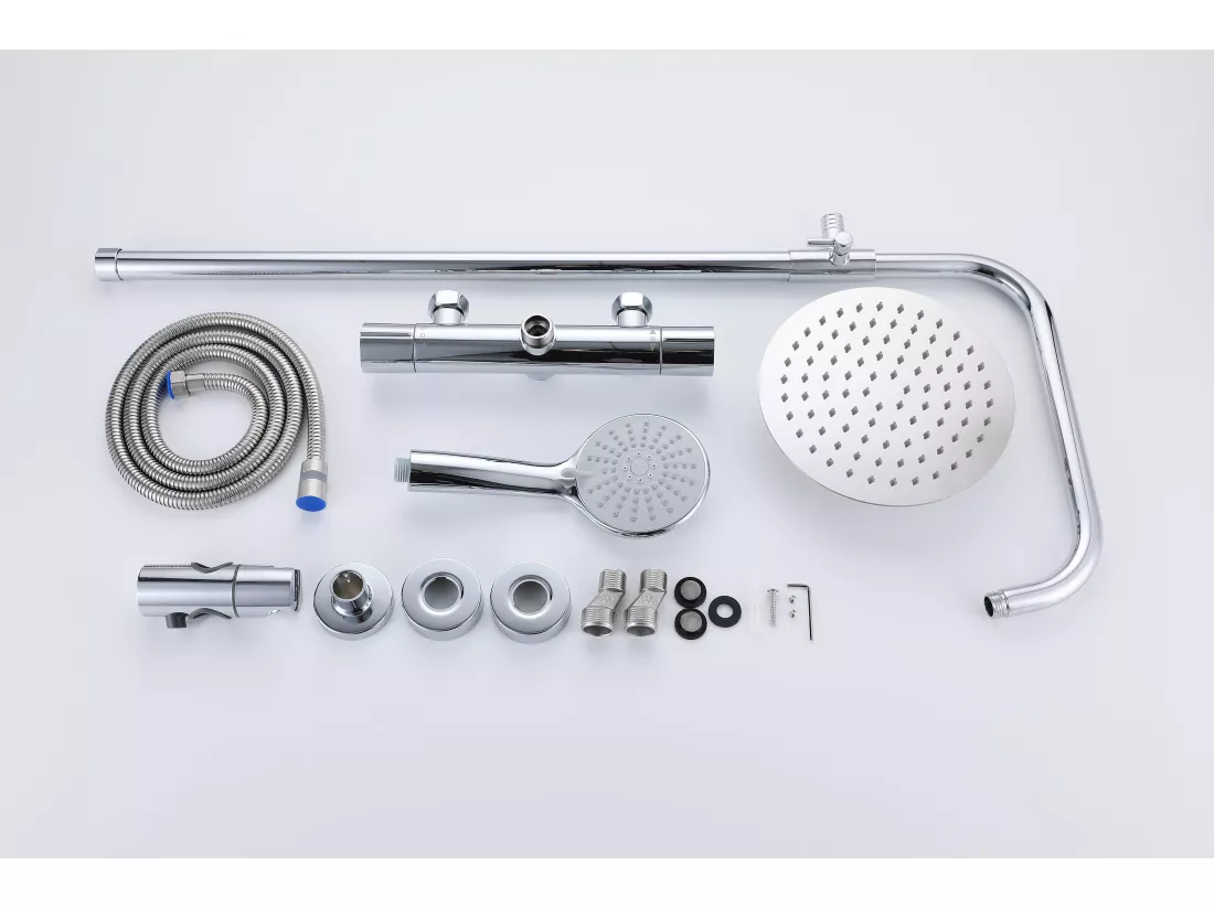 AICA Colonne de douche thermostatique chromée, avec douche de tête ronde et douchette à main réglable en plusieurs modes