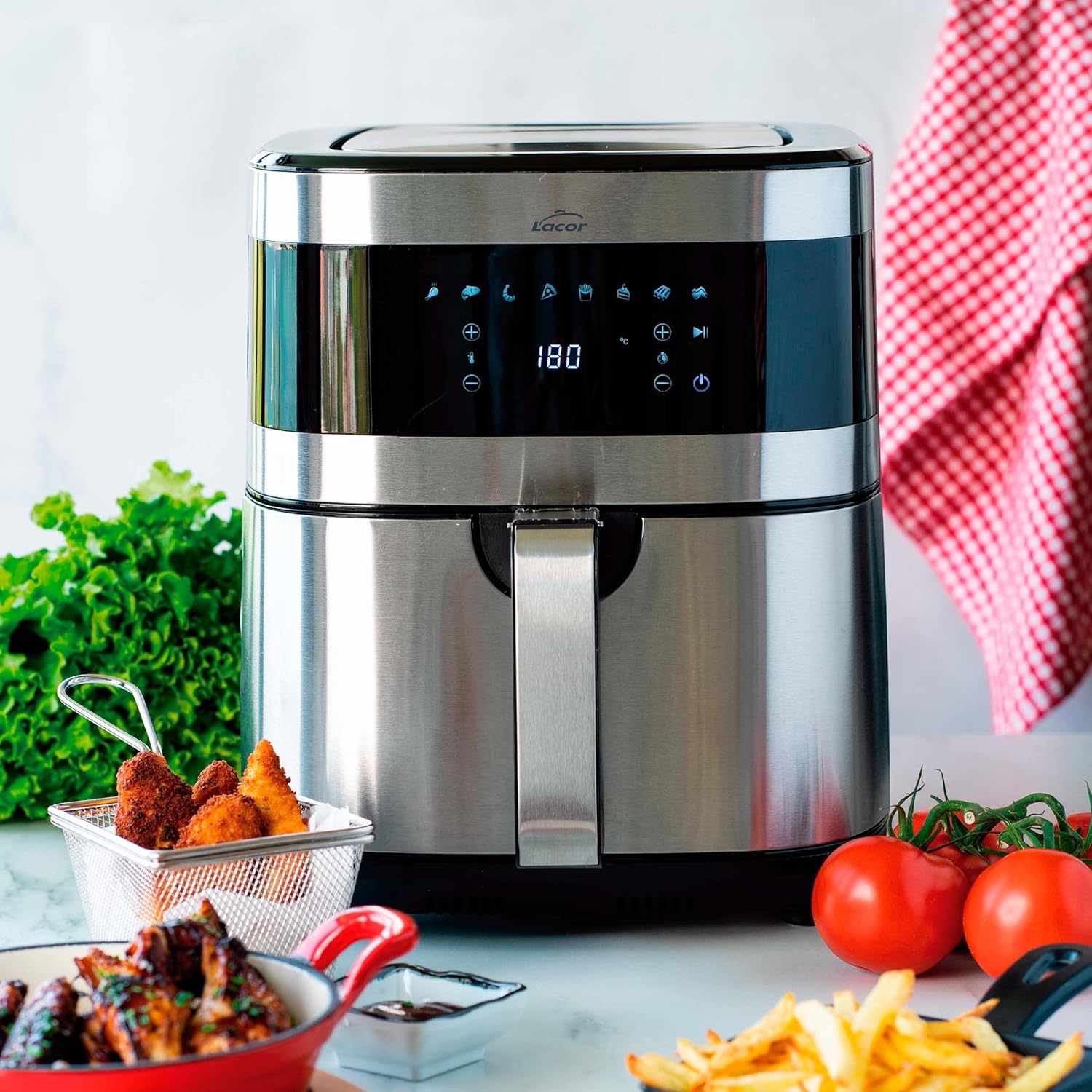 Lacor - 69511 - Ecofry Ölfreie Fritteuse, Heißluftfritteuse mit TotalCook-Technologie, Heißluftfritteuse mit exklusivem Rezeptbuch in 3 Sprachen, Touchscreen, 8 Programme, 1500 W, Kapazität 5.5L