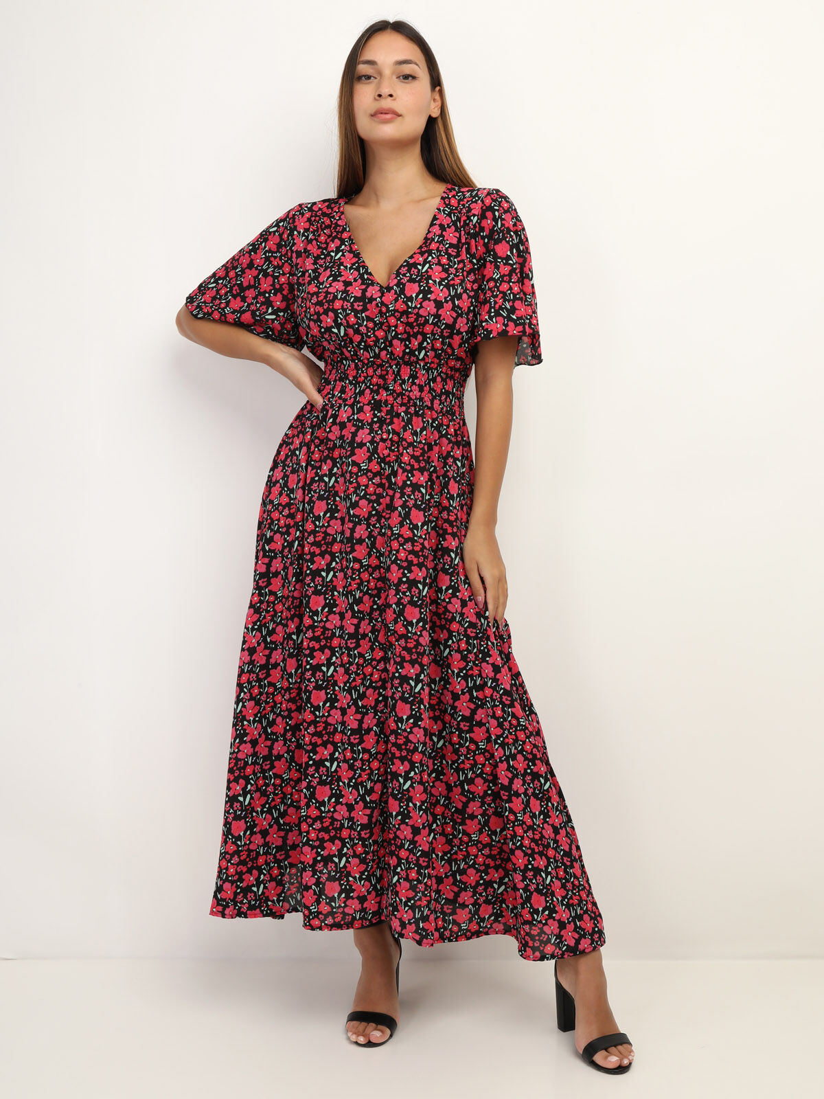Robe longue fendue à fleurs- Noir