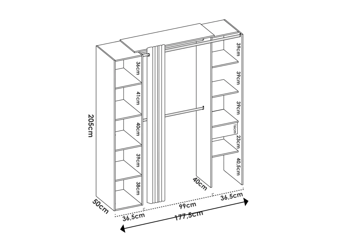 Armoire dressing avec 1 colonne + miroir + rideau coloris blanc - Longueur 177 x Profondeur 52 x Hauteur 205 cm